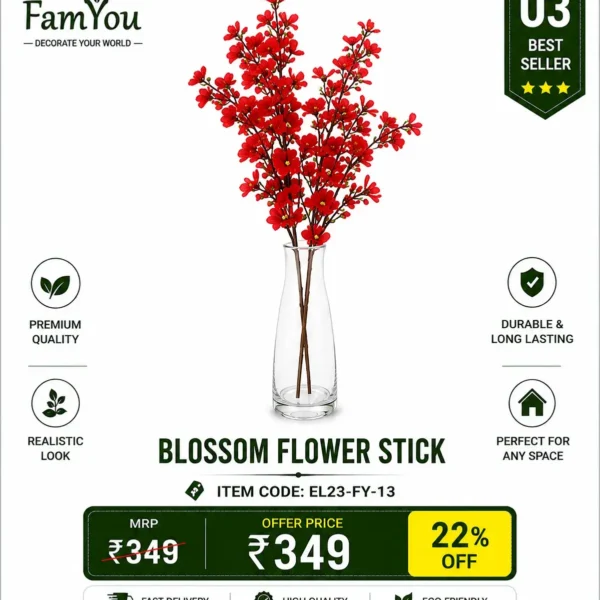 Artificial Blossom Flower Stick with Red Flowers for Home Decoration by FamYou