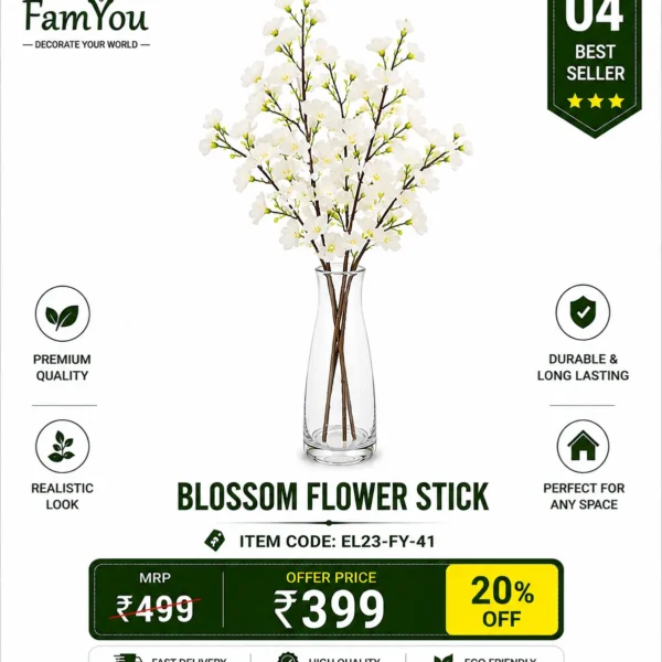 Artificial White Blossom Flower Stick with Realistic White Flowers for Home Decoration by FamYou