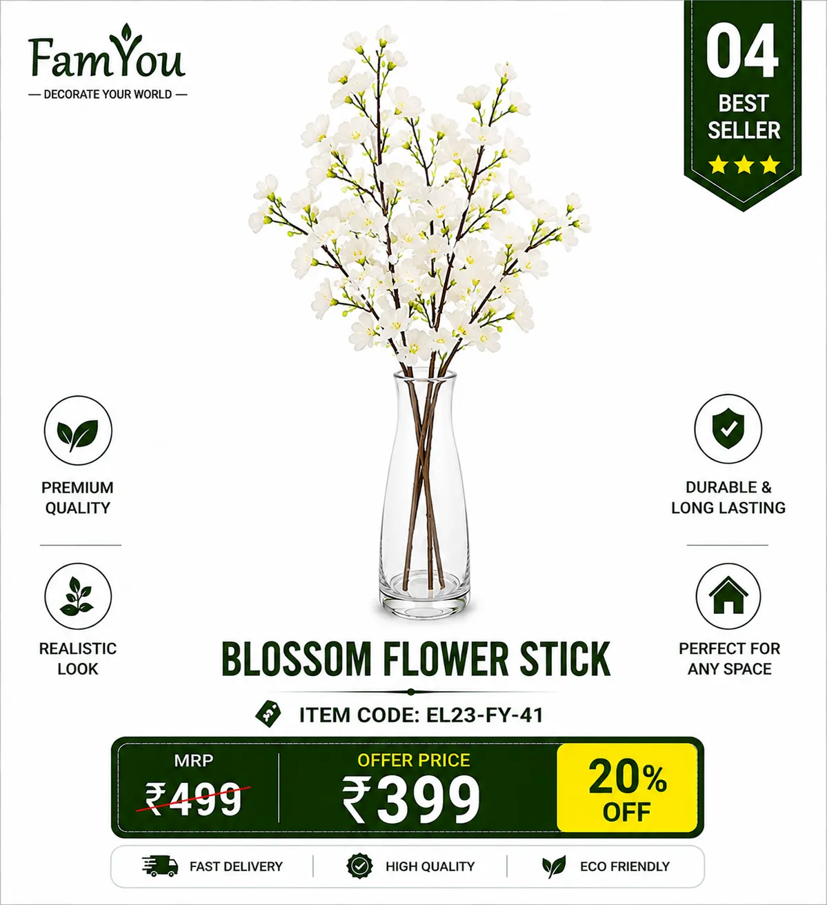 Artificial White Blossom Flower Stick with Realistic White Flowers for Home Decoration by FamYou