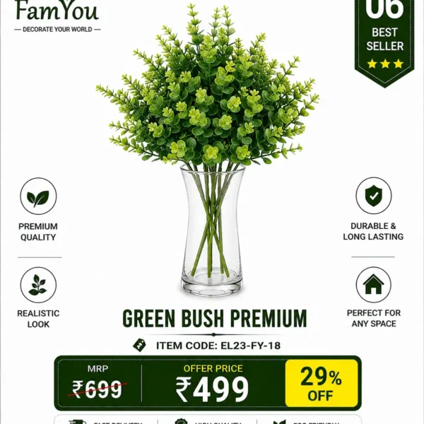 Artificial Green Bush Premium with Realistic Green Leaves for Home Decoration by FamYou