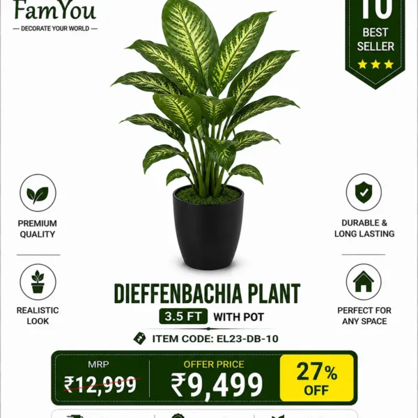 Artificial Dieffenbachia Plant 3.5 FT with Decorative Pot for Home and Office Decoration by FamYou