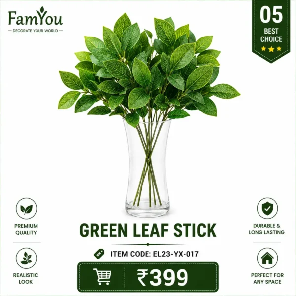 Artificial Green Leaf Stick in Glass Vase – Premium Indoor Decorative Plant by FamYou