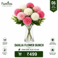 Artificial Dahlia Flower Bunch in Glass Vase – Premium Decorative Flowers by FamYou