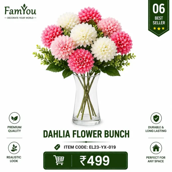 Artificial Dahlia Flower Bunch in Glass Vase – Premium Decorative Flowers by FamYou